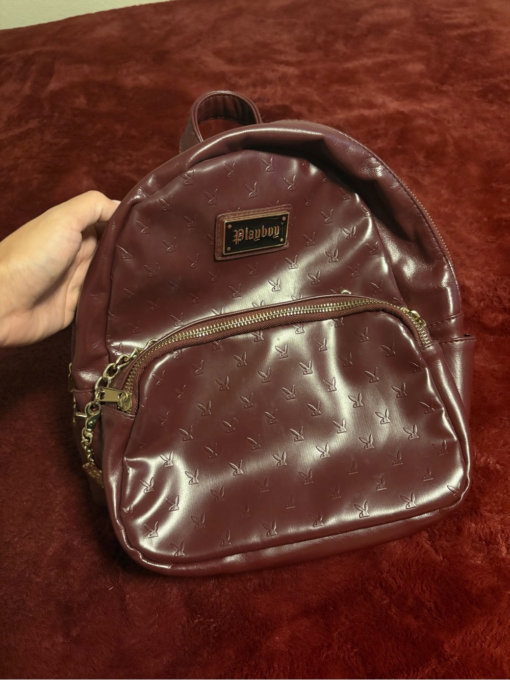 PLAYBOY Mini Backpack in Deep Burgundy with Gold Hardware